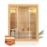 Artsauna Saunakabine Tampere mit 4,5 KW Ofen — Sauna 150 x 110 x 190 cm mit Glasfront, LED-Beleuchtung, Thermometer & Sanduhr — Kabine aus Hemlockholz