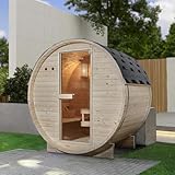 Luxus Outdoor Holz Fasssauna Saunafass Größe M 120x191 cm mit 3,6 KW Saunaofen für 2 Personen KOMPLETT SET mit Sauna Ofen Zubehör LED massiv Fichte