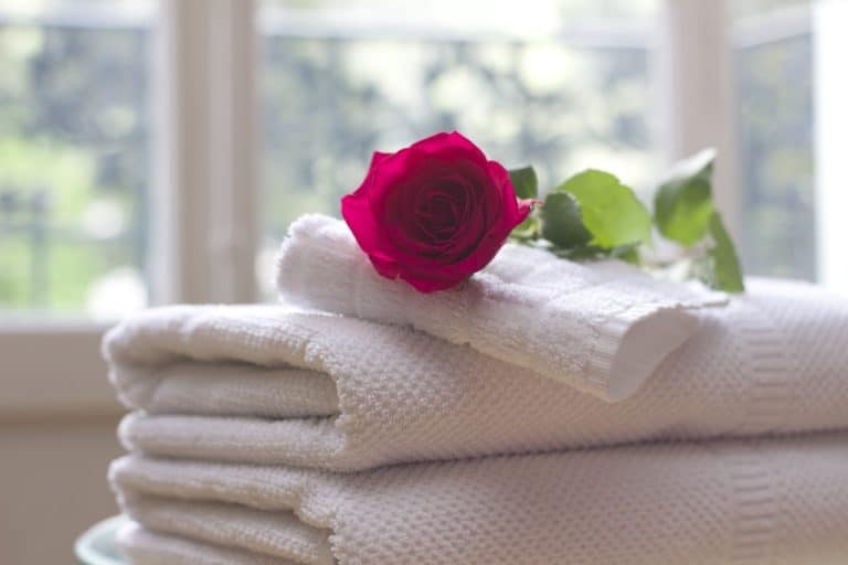 Stapel weißer Handtücher mit einer roten Rose darauf - im Hintergrund ein Fenster